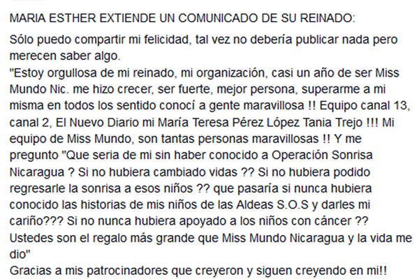 Comunicado de Maria Esther Cortés concerniente a su renuncia a Miss Mundo Nicaragua