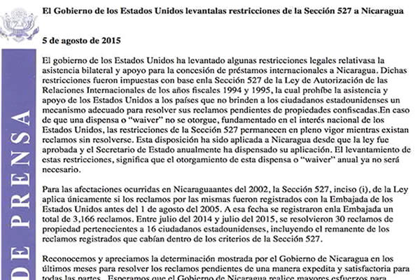 Estados Unidos levanta restricciónes a Nicaragua