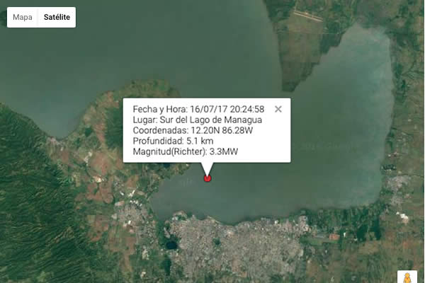 Reportan dos sismos al Sur del Lago de Managua