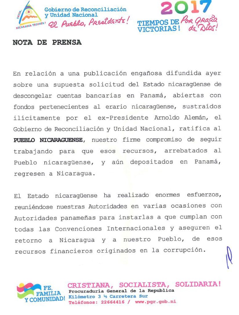 PGR aclara la supuesta solicitud de Nicaragua para descongelar cuentas en Panamá