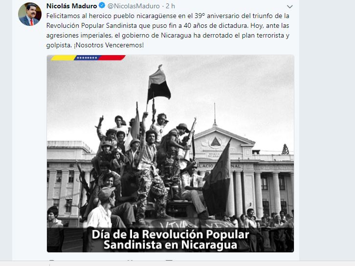 Presidente Nicolás Maduro saluda el 39 aniversario de la Revolución popular Sandinista