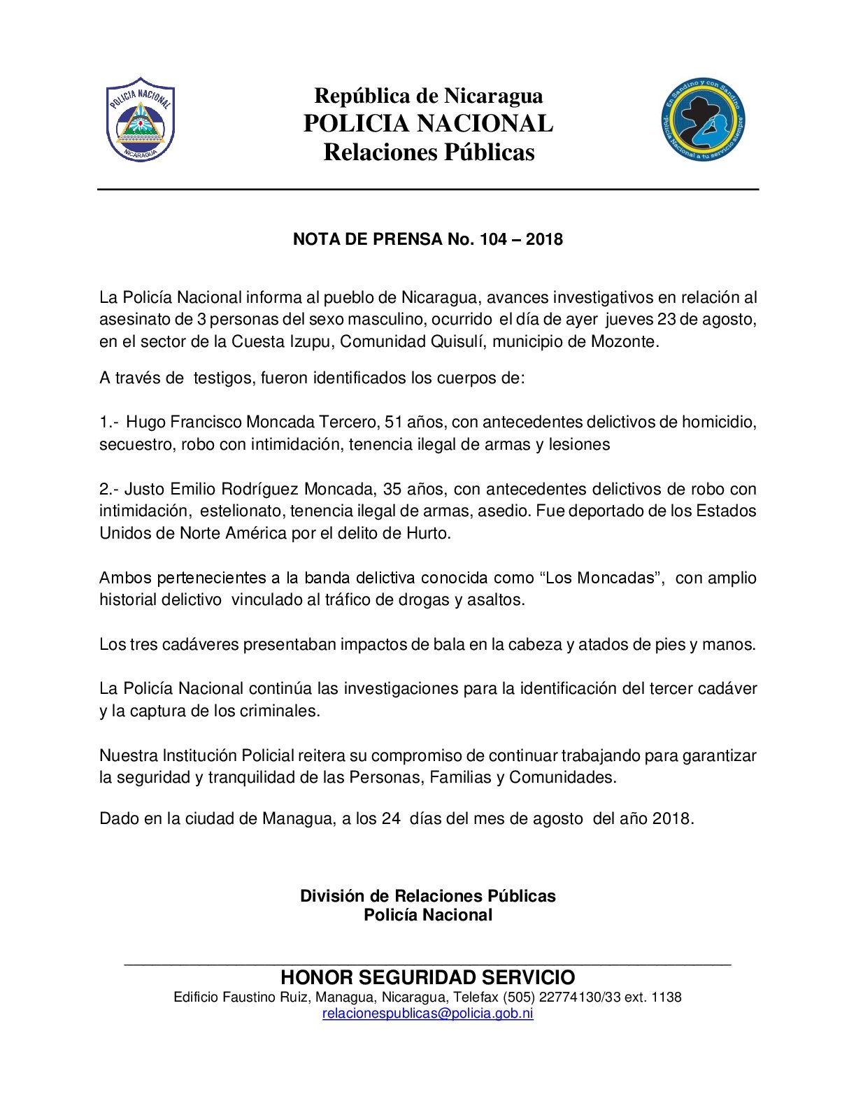Policía Nacional presenta informe del asesinato de tres en Mozonte