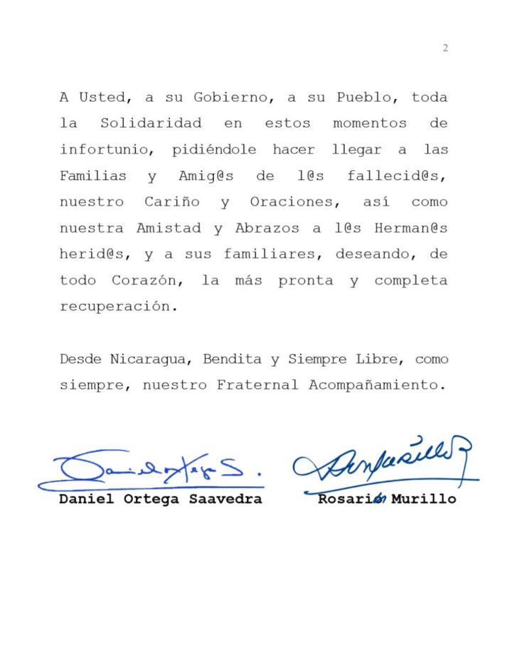 Gobierno de Nicaragua envía mensaje de solidaridad al presidente Vladimir 