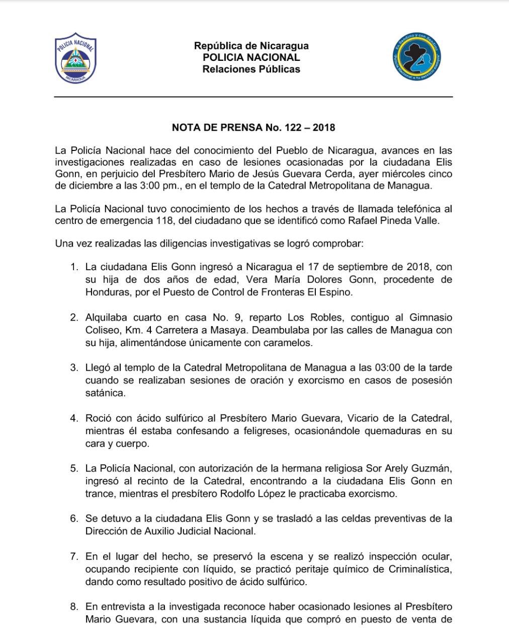Policía Nacional da a conocer avances del proceso investigativo sobre ataque al Presbítero Mario Guevara