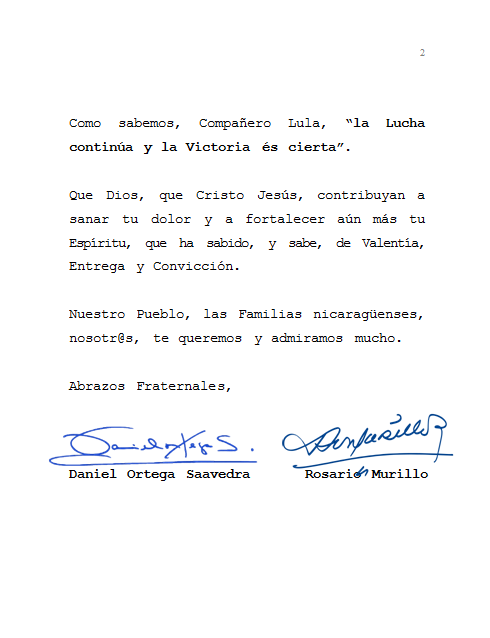 Gobierno de Nicaragua se solidariza con el ex-presidente de Brasil, Lula da Silva