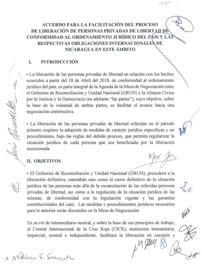 Acuerdo aprobado por la Mesa de Negociación sobre la liberación de personas privadas de libertad