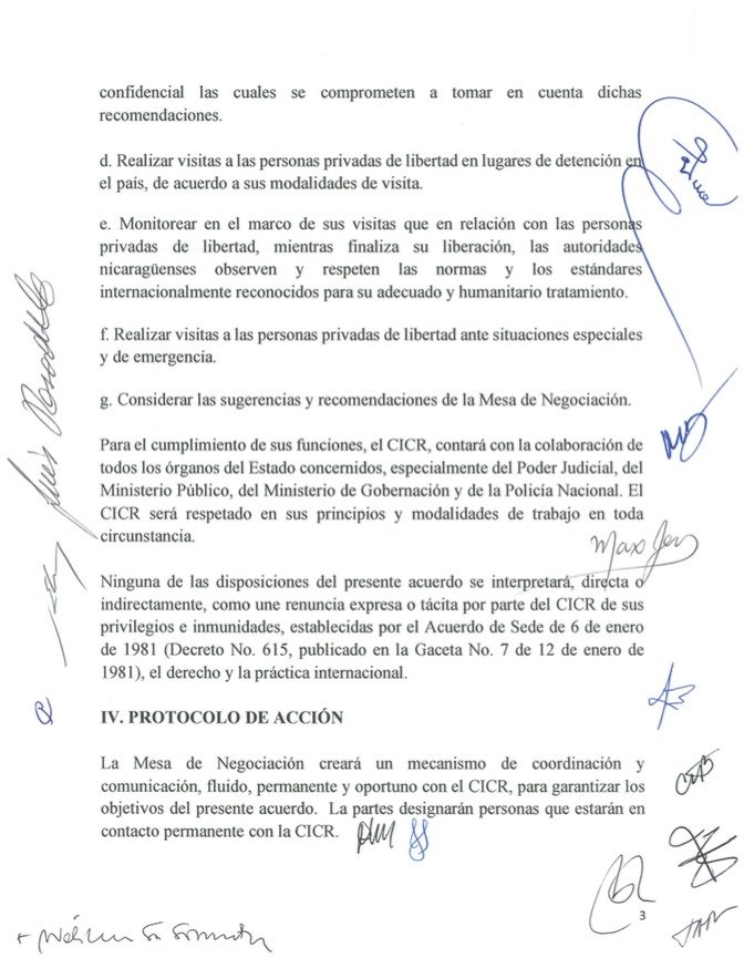 Acuerdo aprobado por la Mesa de Negociación sobre la liberación de personas privadas de libertad