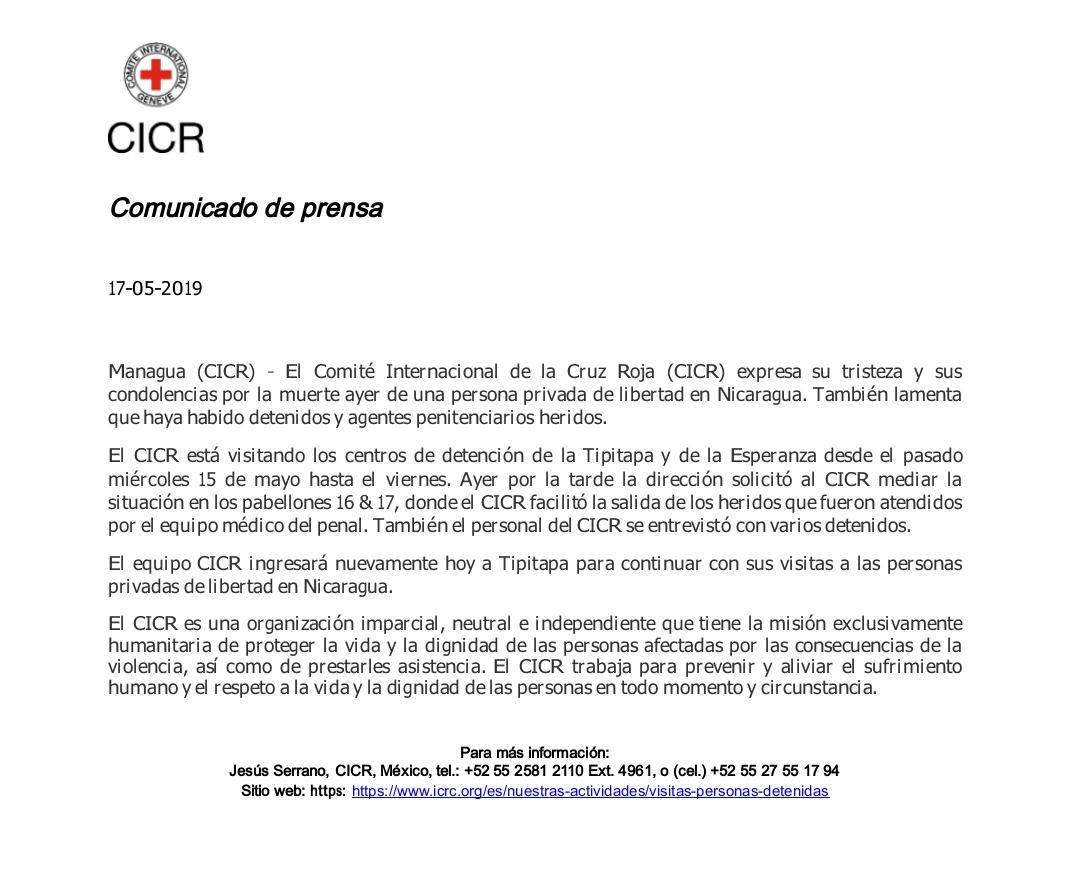 Comité Internacional de la Cruz Roja emite comunicado ante lo sucedido en La Modelo 