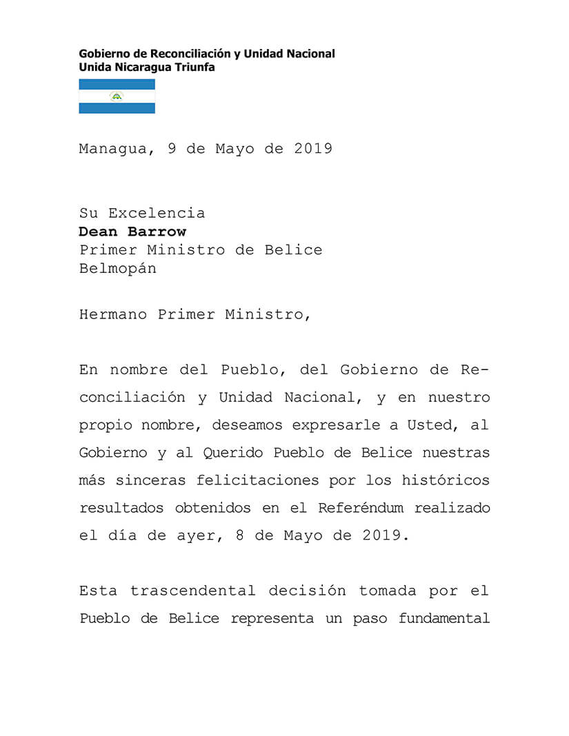 Gobierno de Nicaragua envía mensaje por el histórico resultado obtenido en el referéndum de Belice 