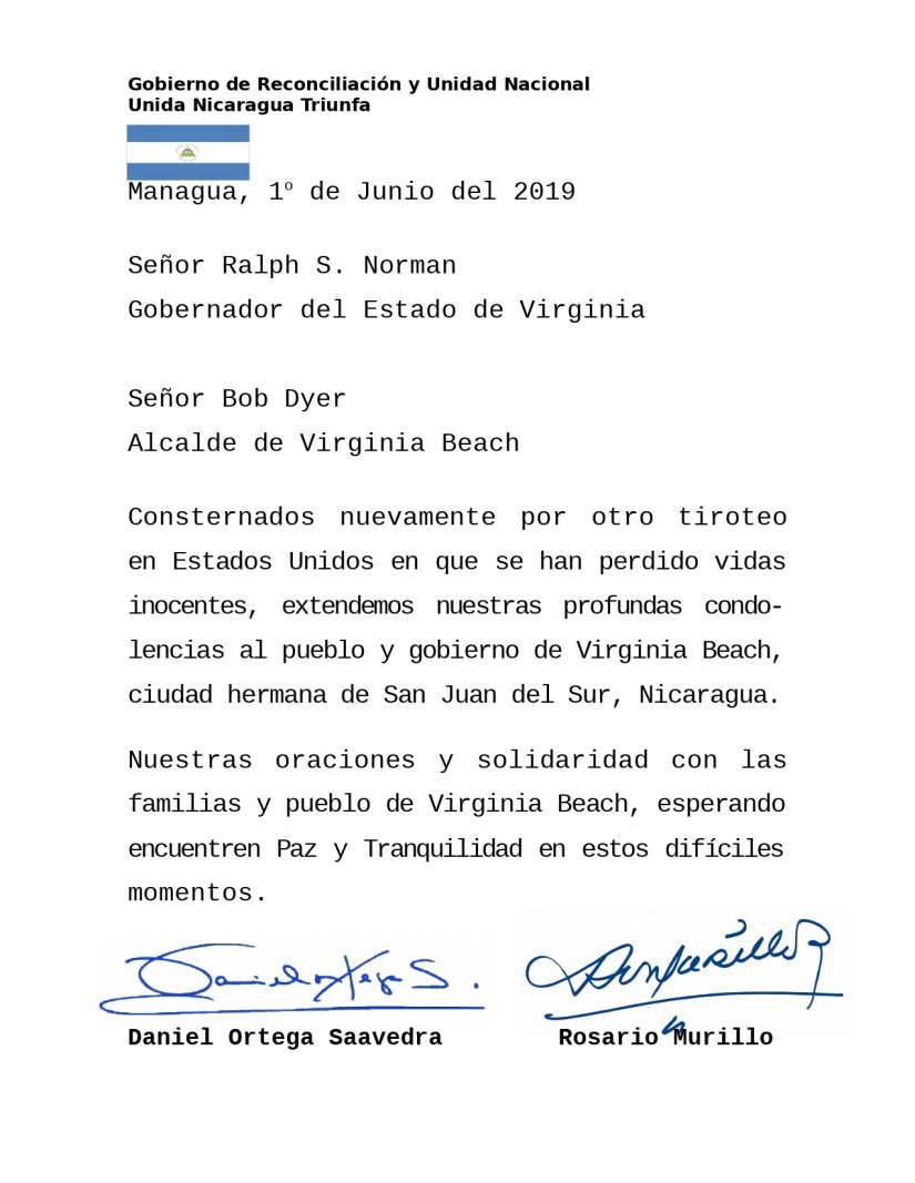 Nicaragua envía condolencias al pueblo de Virginia Beach