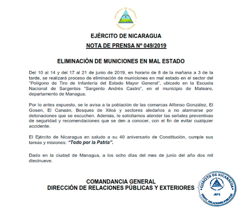 Ejercito de Nicaragua realizará eliminación de municiones en mal estado en Polígono de Tiro de Infantería de Mateare