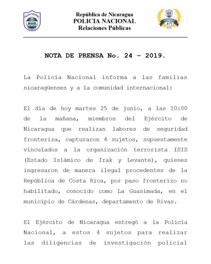 Ejército de Nicaragua captura a supuestos miembros de ISIS