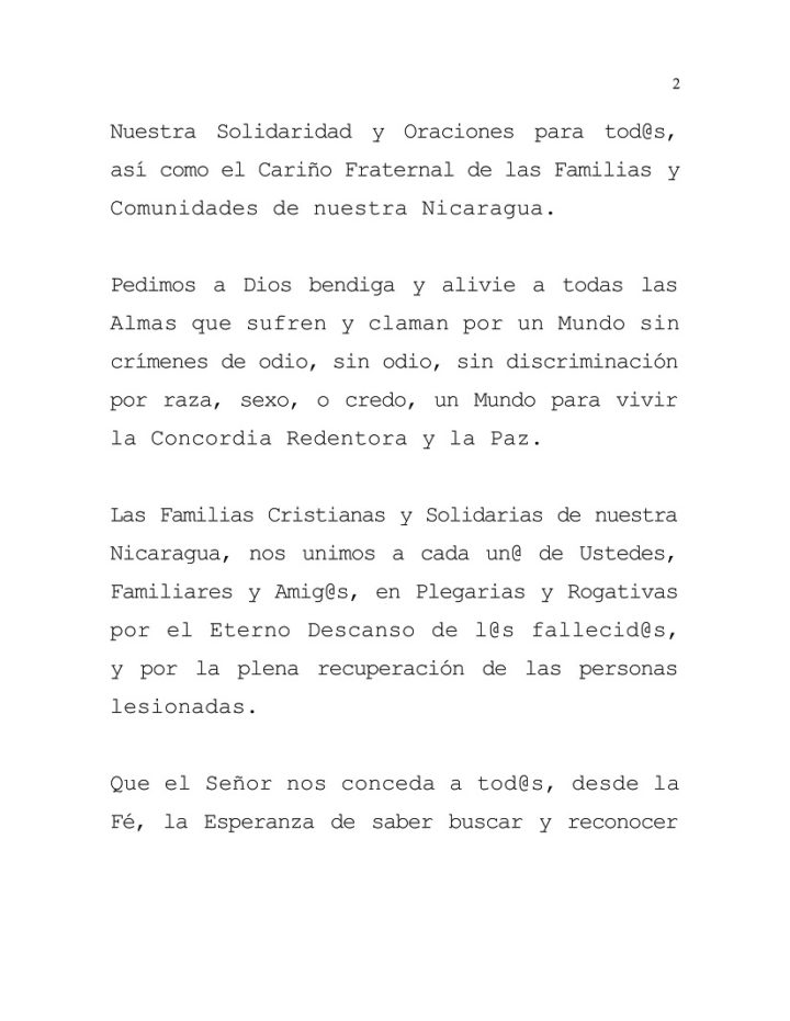 Gobierno Nicaragua mensaje víctimas tiroteo 