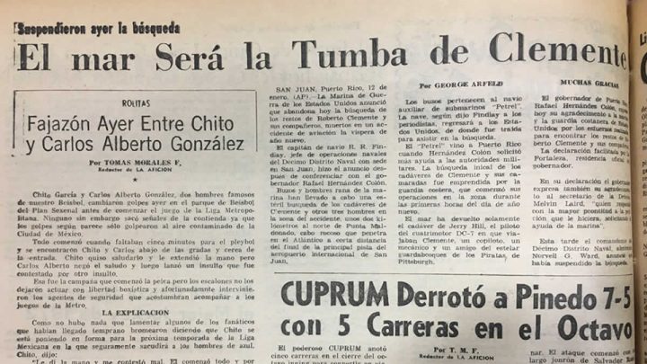 Recorte de periódico de la muerte de Roberto Clemente